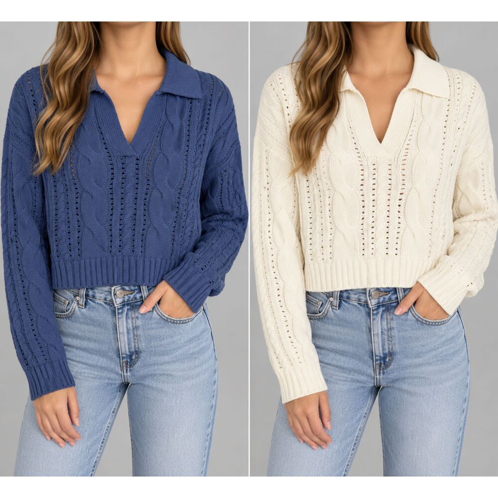 Hollister Cable Knit Cropped Sweater Bundle Blue Ivory XS NWT Preppy Collegiate